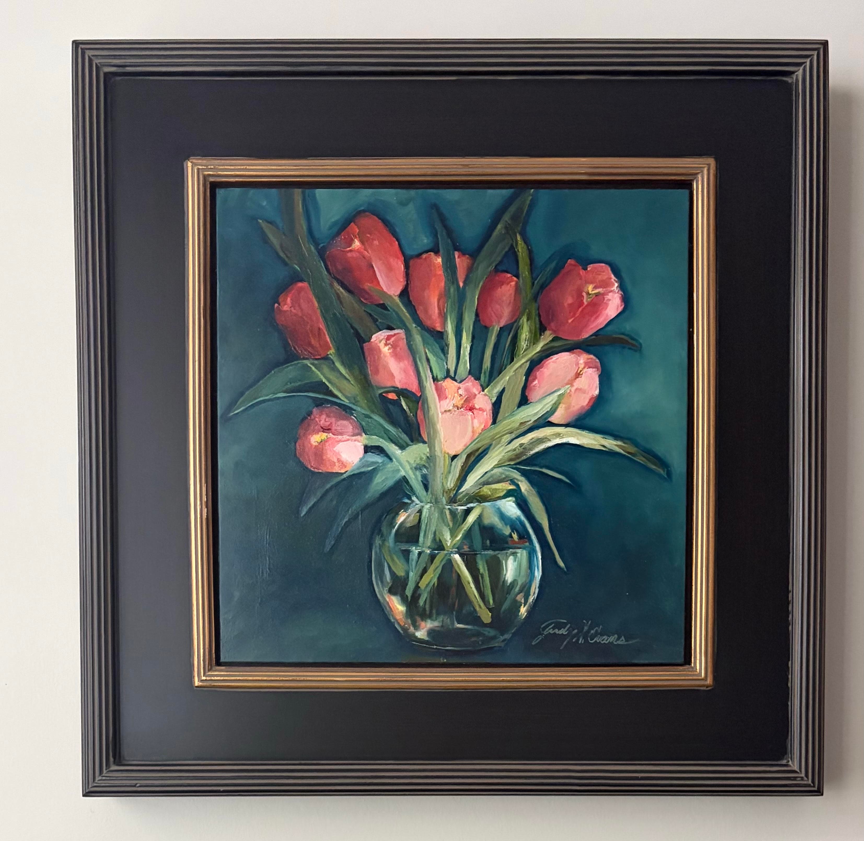 Coral Tulips on Teal